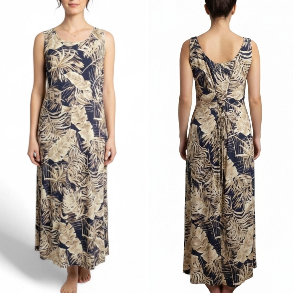 Croft & Barrow Vintage Palm Leaf Maxi Dress Lace Up Back Tropical Tan Navy Sz 8